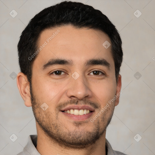 Joyful white young-adult male with short  black hair and brown eyes