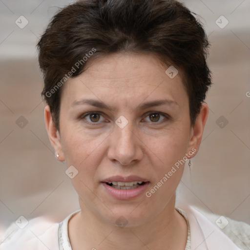 Joyful white adult female with short  brown hair and brown eyes