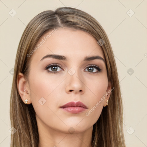 Neutral white young-adult female with long  brown hair and brown eyes