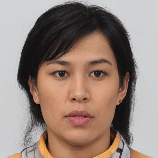 Neutral asian young-adult female with medium  black hair and brown eyes