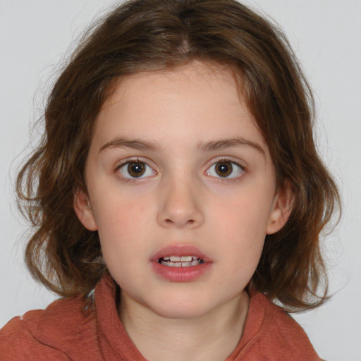 Neutral white child female with medium  brown hair and blue eyes