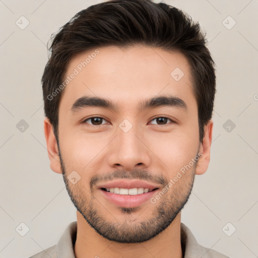 Joyful white young-adult male with short  brown hair and brown eyes