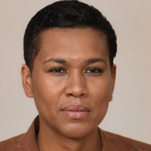 Neutral latino young-adult female with short  brown hair and brown eyes