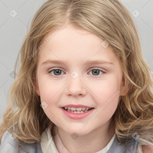 Joyful white child female with medium  brown hair and blue eyes