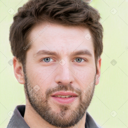 Neutral white young-adult male with short  brown hair and grey eyes