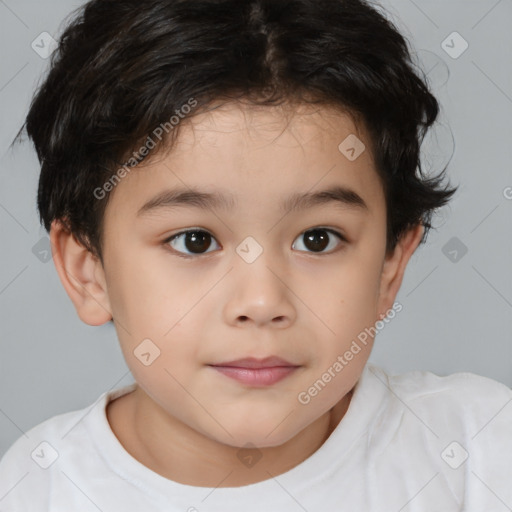 Joyful white child female with short  brown hair and brown eyes