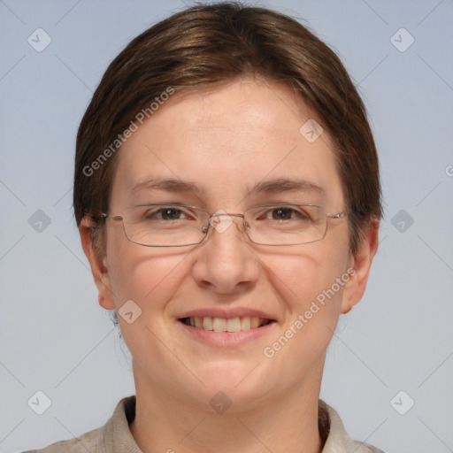 Joyful white adult female with short  brown hair and grey eyes