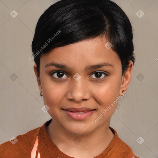 Joyful latino young-adult female with medium  brown hair and brown eyes