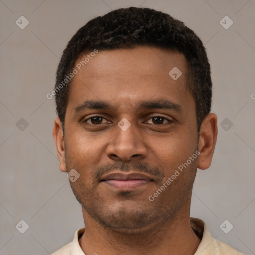 Neutral latino young-adult male with short  black hair and brown eyes