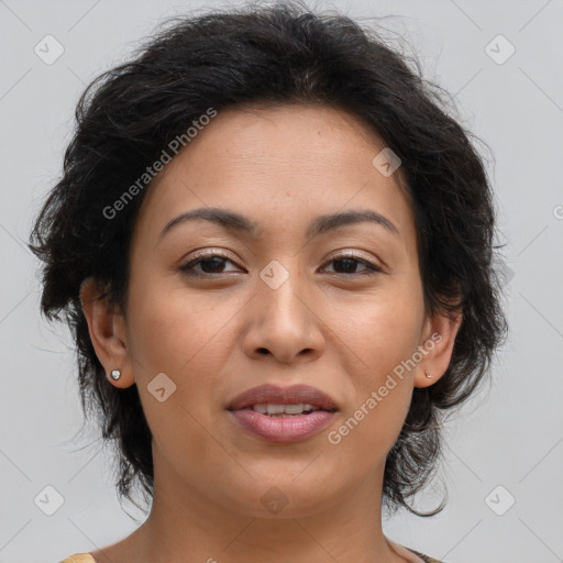 Joyful asian adult female with medium  brown hair and brown eyes