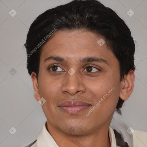 Joyful latino adult female with short  brown hair and brown eyes