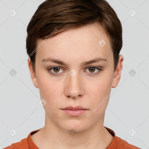 Neutral white young-adult female with short  brown hair and brown eyes