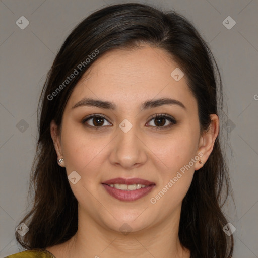 Joyful white young-adult female with long  brown hair and brown eyes