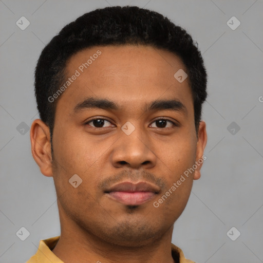 Neutral latino young-adult male with short  brown hair and brown eyes