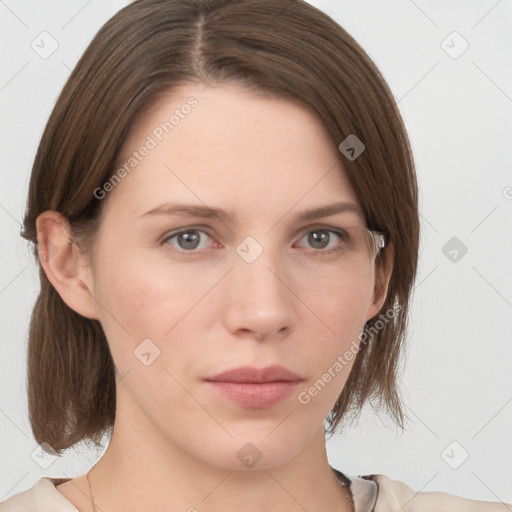 Neutral white young-adult female with medium  brown hair and grey eyes