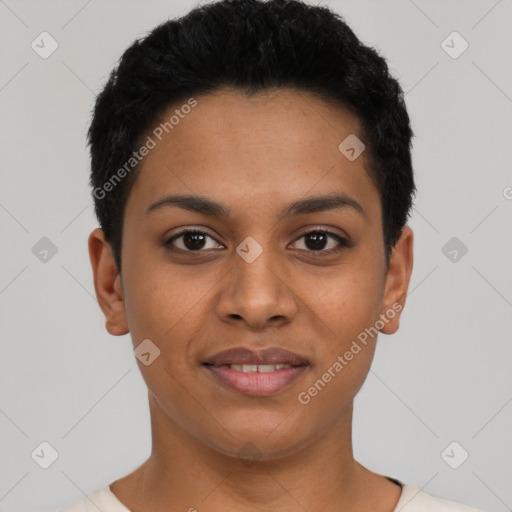 Joyful latino young-adult female with short  black hair and brown eyes