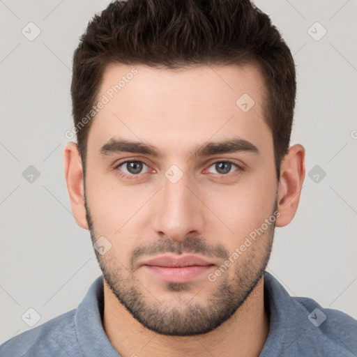 Neutral white young-adult male with short  brown hair and brown eyes