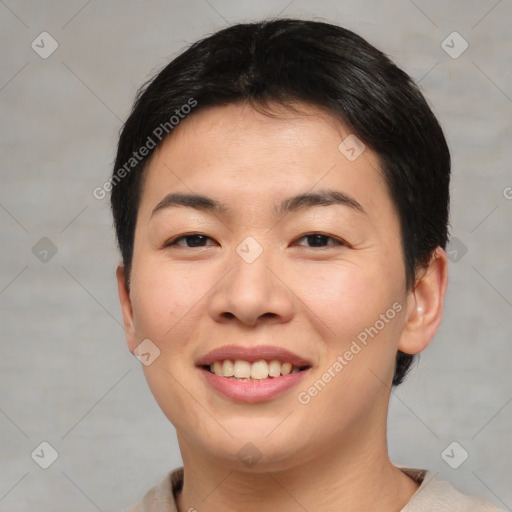 Joyful asian young-adult female with short  brown hair and brown eyes