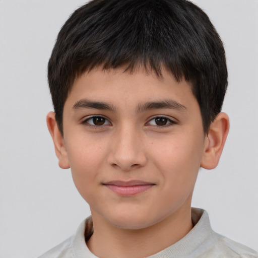 Joyful asian child male with short  brown hair and brown eyes