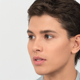Neutral white young-adult female with short  brown hair and brown eyes