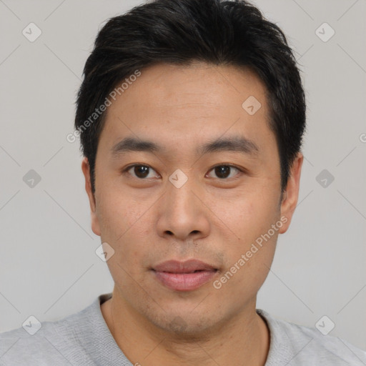 Neutral asian young-adult male with short  black hair and brown eyes