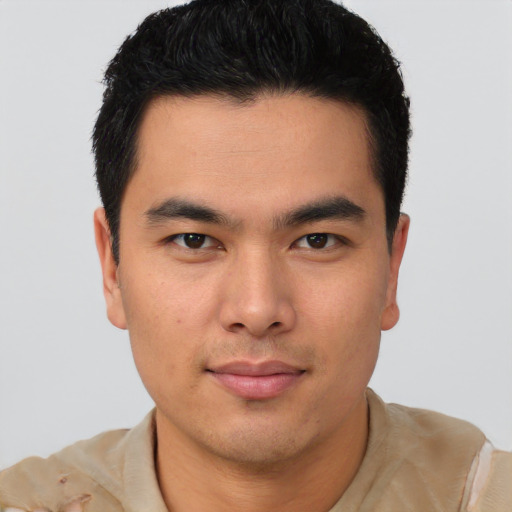 Neutral asian young-adult male with short  brown hair and brown eyes