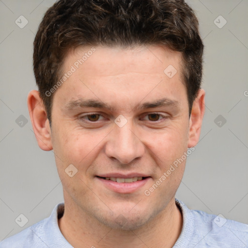 Joyful white adult male with short  brown hair and grey eyes