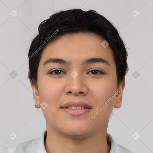 Joyful asian young-adult female with short  brown hair and brown eyes