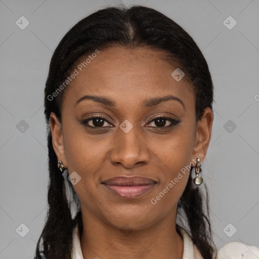 Joyful latino young-adult female with long  brown hair and brown eyes