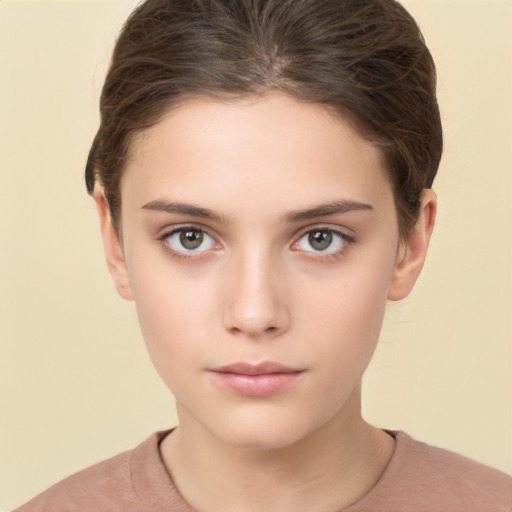 Neutral white young-adult female with short  brown hair and brown eyes