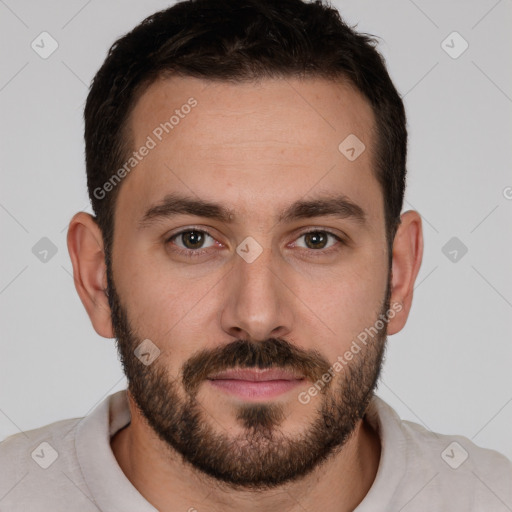 Joyful white young-adult male with short  brown hair and brown eyes