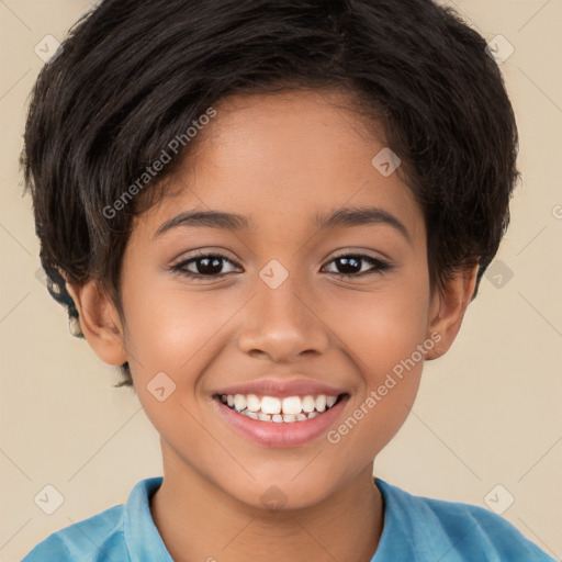 Joyful white child female with short  brown hair and brown eyes