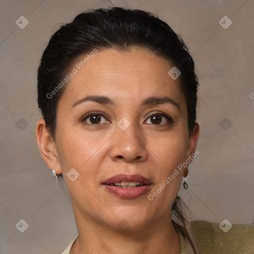 Joyful white adult female with short  brown hair and brown eyes