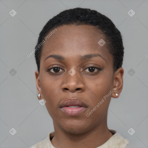 Neutral black young-adult female with short  black hair and brown eyes