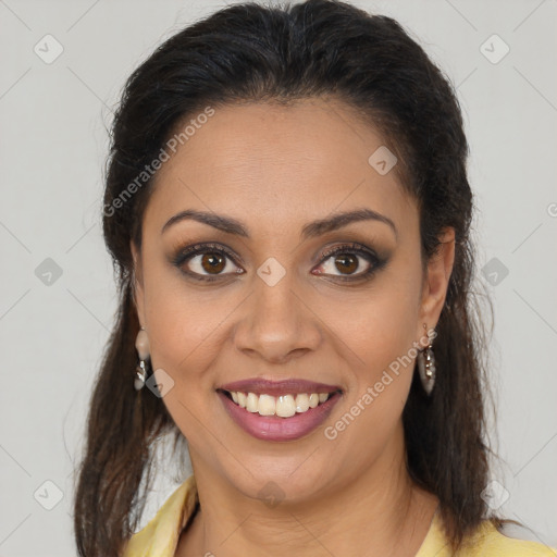 Joyful latino young-adult female with long  brown hair and brown eyes