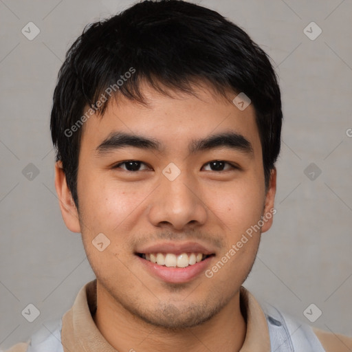 Joyful asian young-adult male with short  brown hair and brown eyes