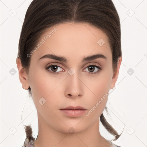 Neutral white young-adult female with medium  brown hair and brown eyes