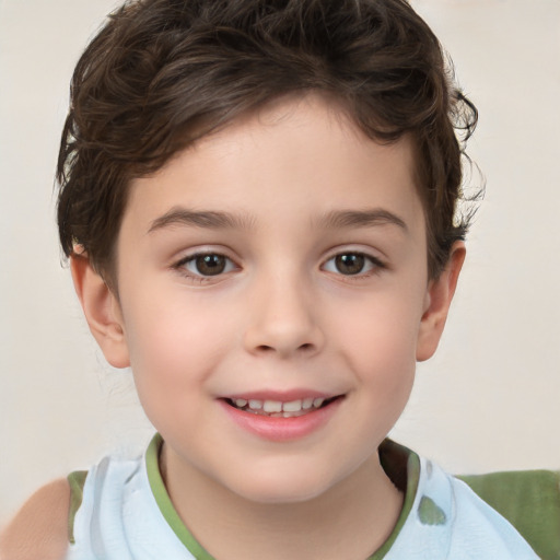 Joyful white child female with short  brown hair and brown eyes