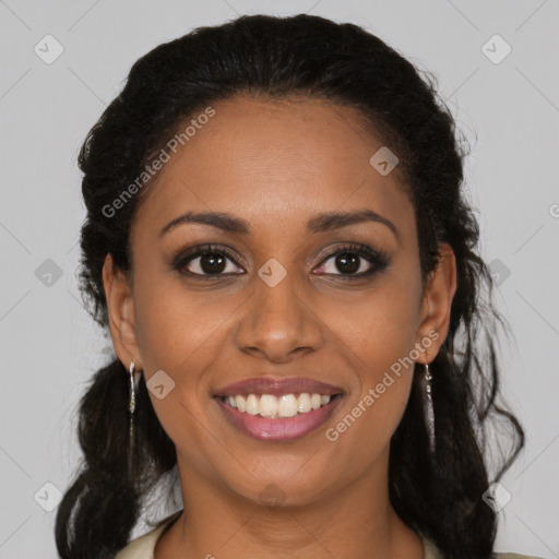 Joyful latino young-adult female with long  brown hair and brown eyes