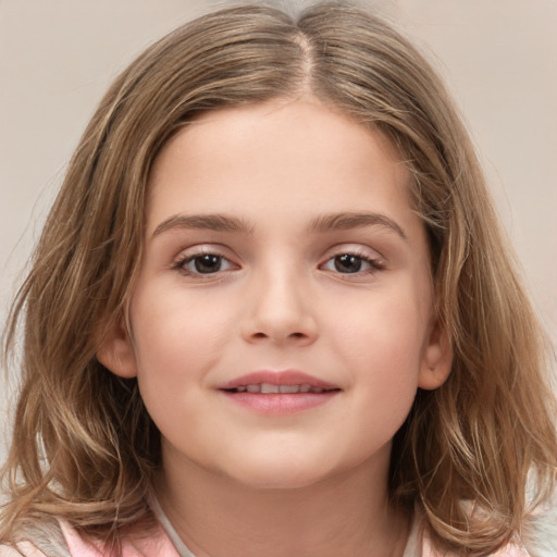 Joyful white child female with medium  brown hair and brown eyes