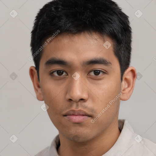 Neutral asian young-adult male with short  black hair and brown eyes