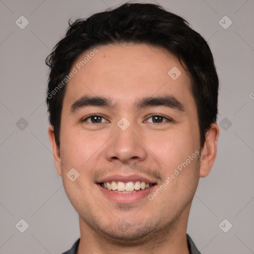 Joyful white young-adult male with short  black hair and brown eyes