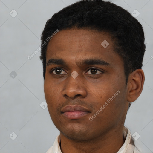 Neutral black young-adult male with short  black hair and brown eyes