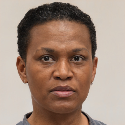 Joyful black adult female with short  brown hair and brown eyes