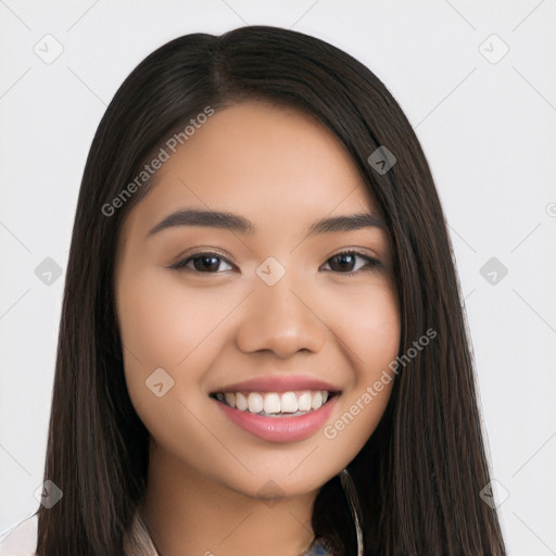 Joyful latino young-adult female with long  black hair and brown eyes