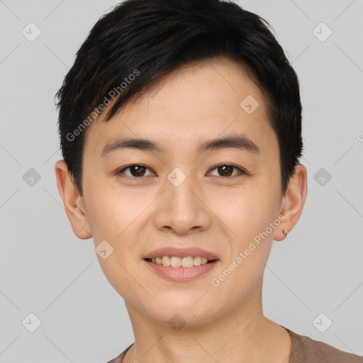 Joyful white young-adult male with short  black hair and brown eyes