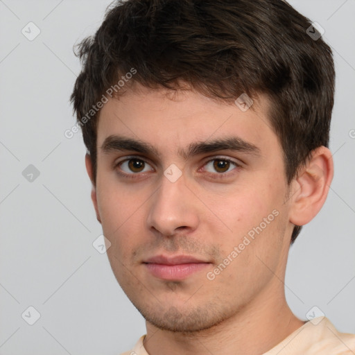 Neutral white young-adult male with short  brown hair and brown eyes