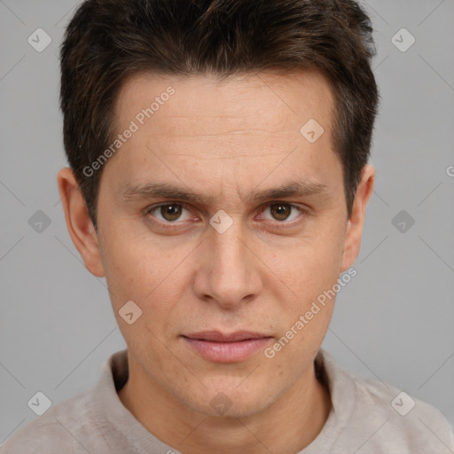 Neutral white adult male with short  brown hair and brown eyes