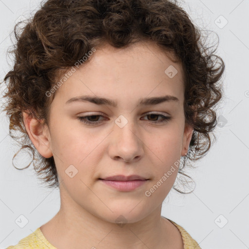 Joyful white child female with medium  brown hair and brown eyes