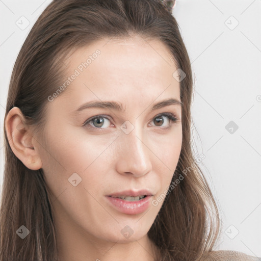 Neutral white young-adult female with long  brown hair and grey eyes